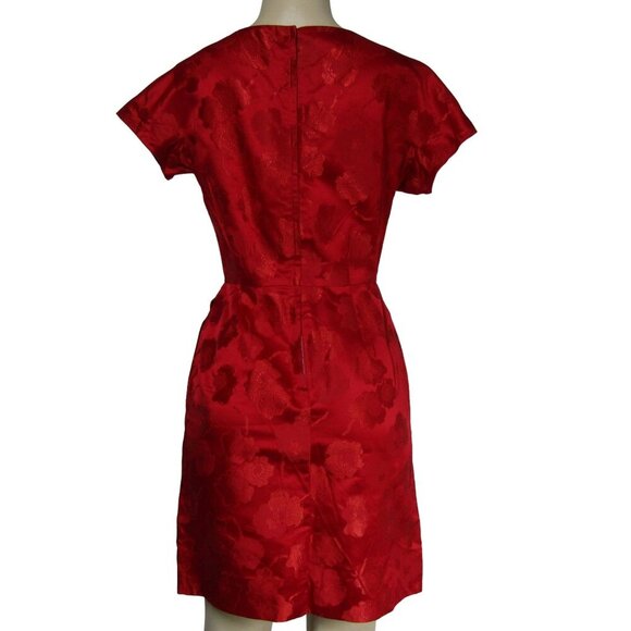 VINTAGE 60s S ASIAN Brocade Silk Blend MOD Red Cocktail Mad Men Suzie Wong Dress - Picture 5 of 10